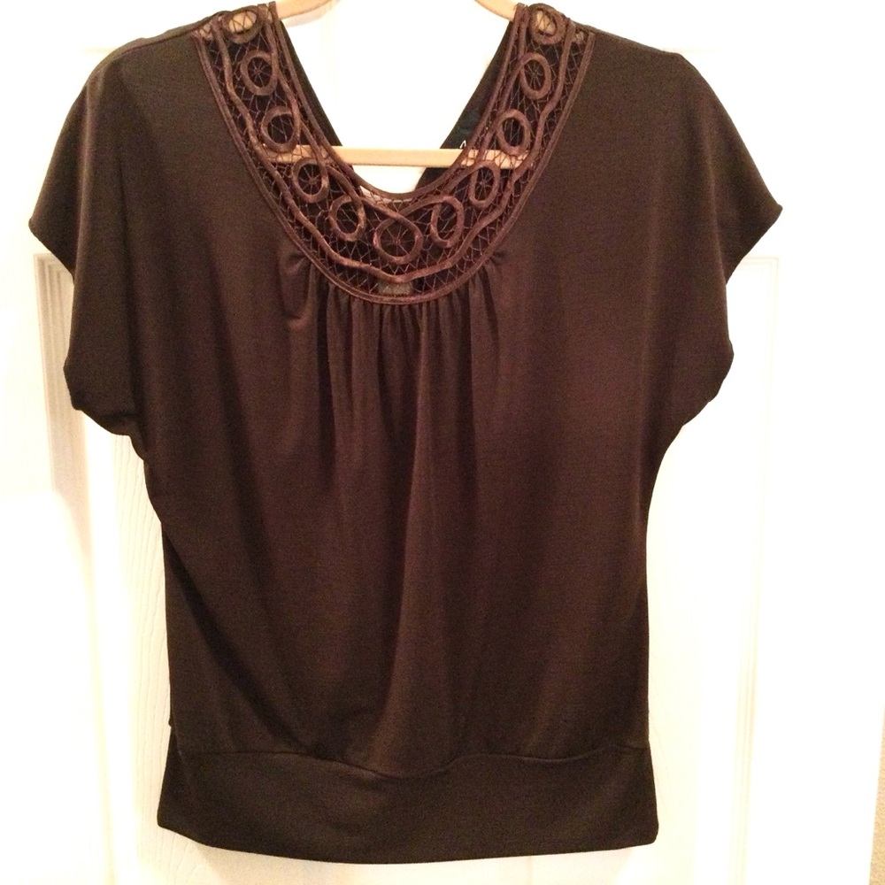 NEW! iz Byer back Bow Blouse & Ribbon Latticework BROWN blouse